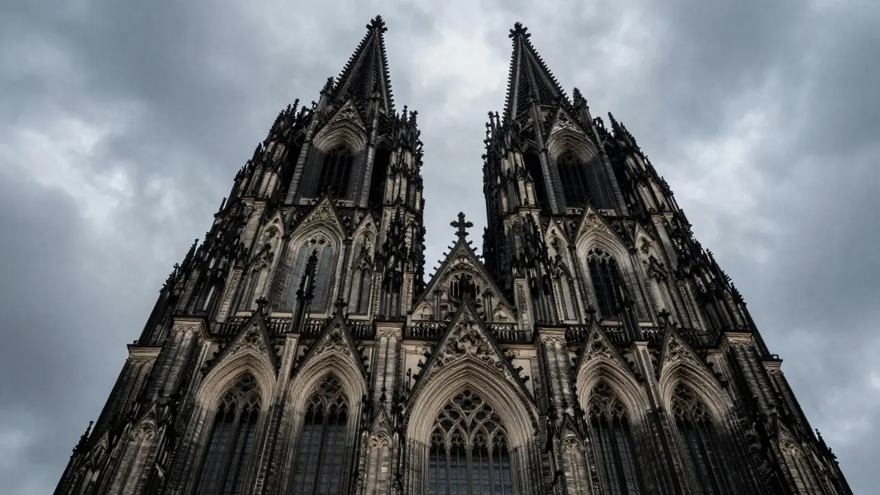 Two massive gray spires of a German Gothic cathedral reaching toward a moody sky.