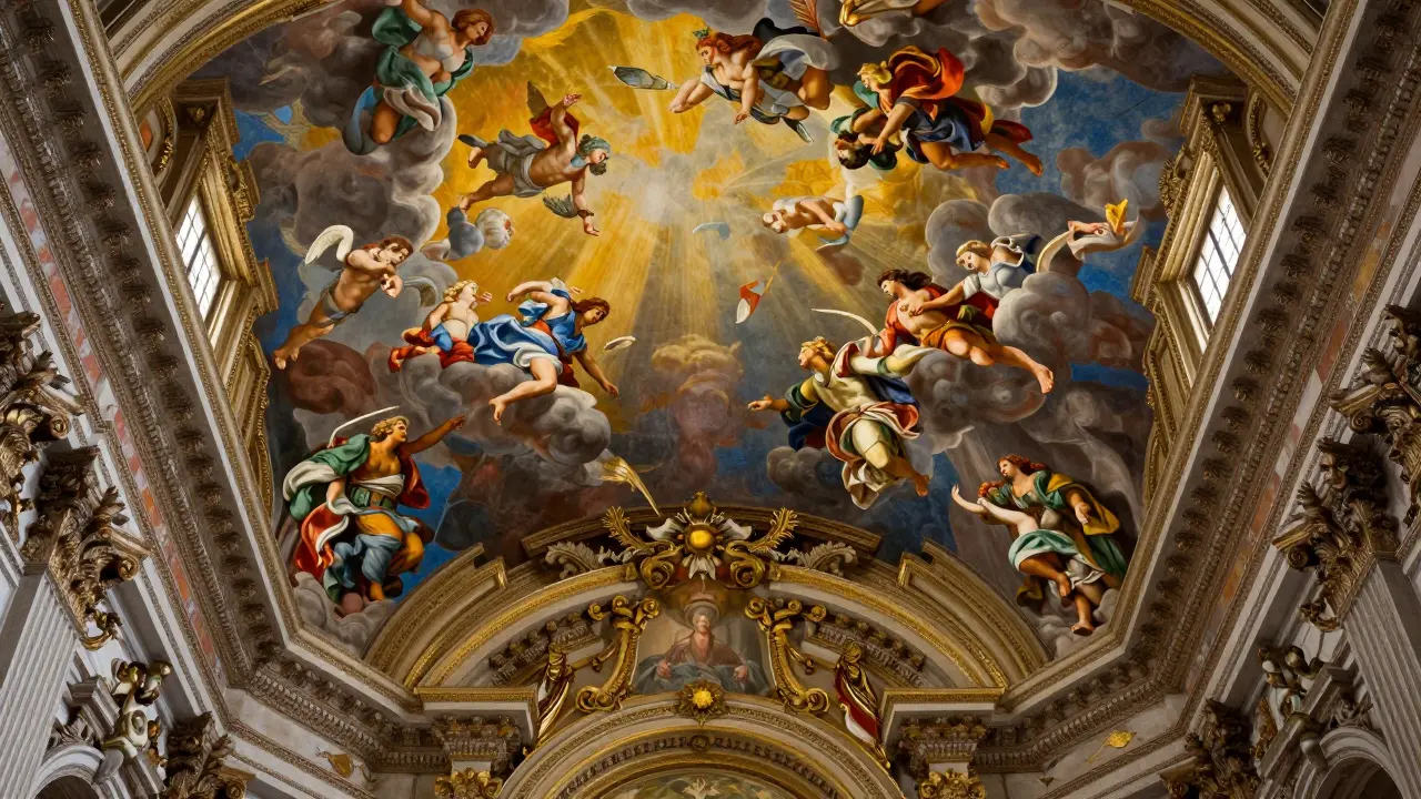 Baroque ceiling fresco creating illusion of open sky with angels