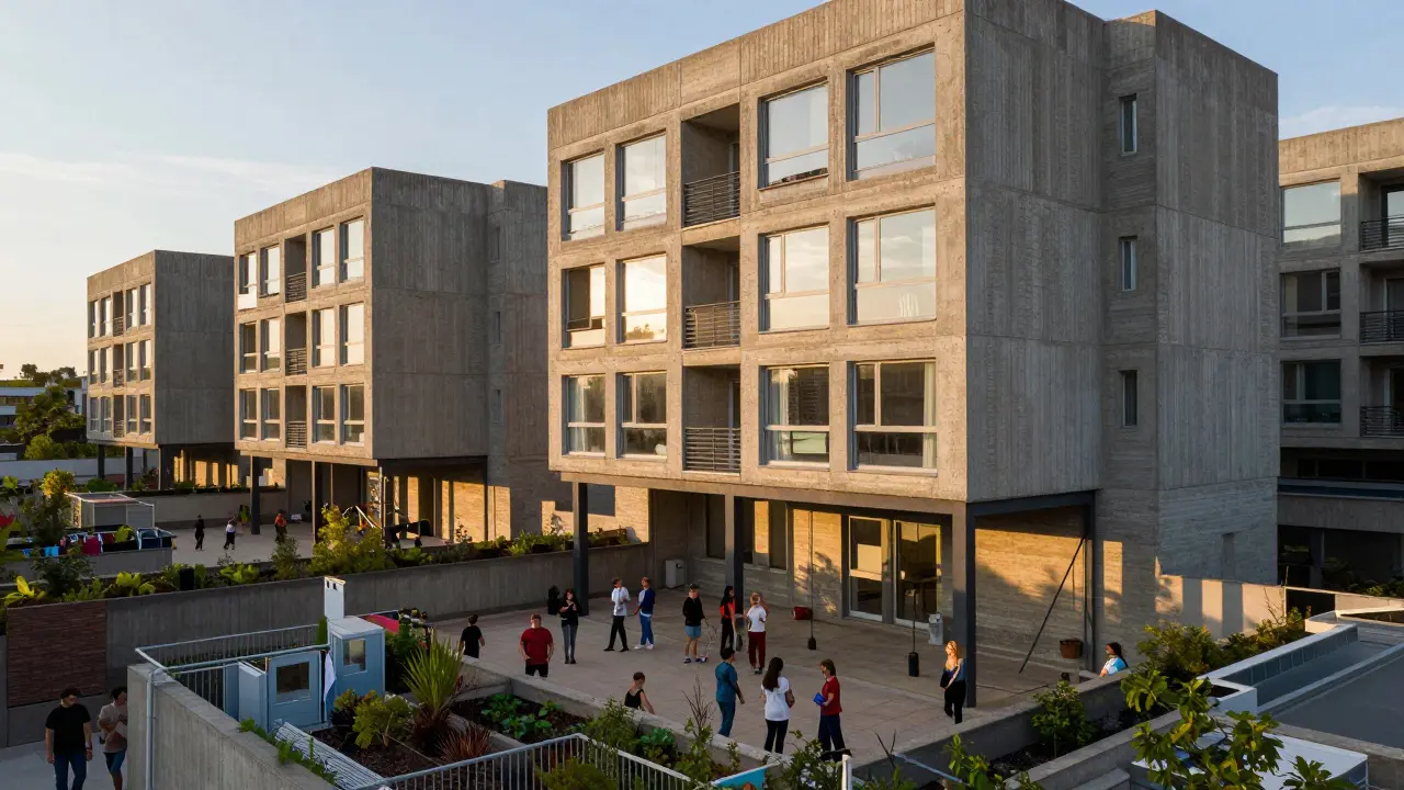 Brutalist community housing with communal courtyards and green roofs