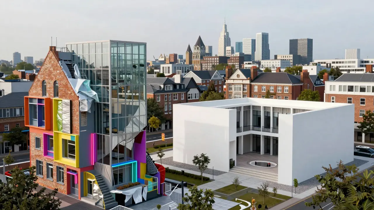 Conceptual art blending colorful Postmodern elements with modern sustainable design