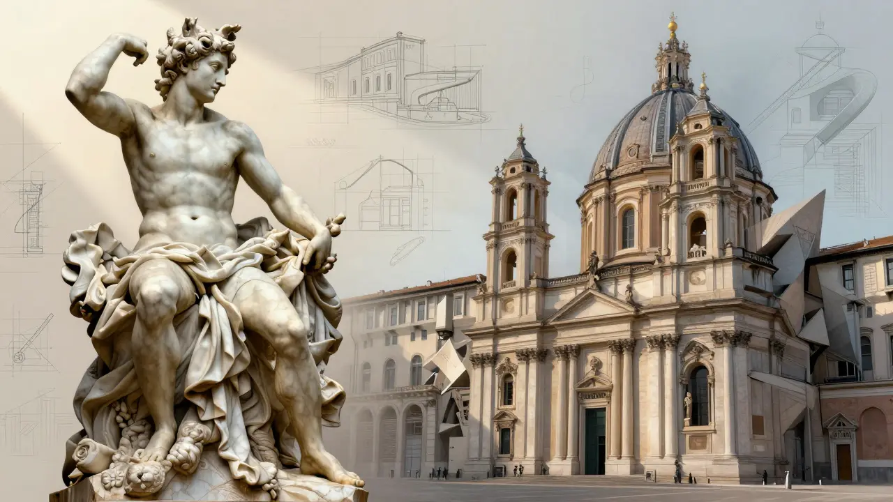 Contrast between Bernini's fluid and Borromini's geometric Baroque designs