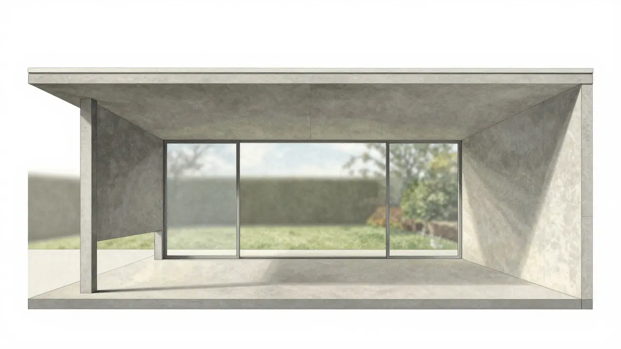 Cross-section view of a minimalist open-plan interior with large windows and exposed concrete columns.