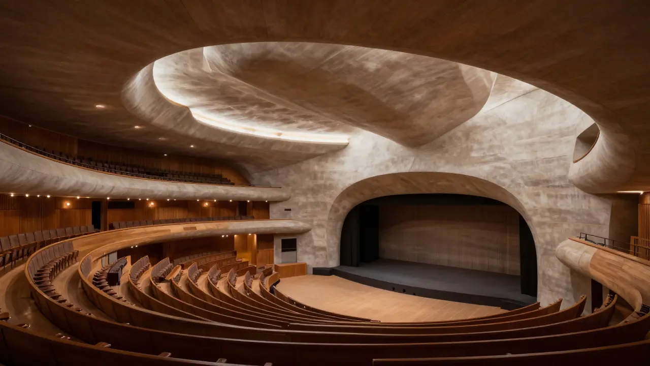 Curved, organic interior of Schaubühne Theater with flowing lines