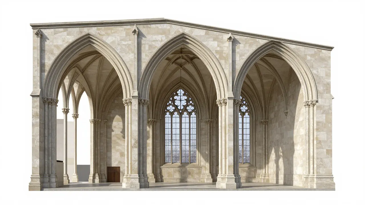 Cutaway view showing Gothic flying buttresses and ribbed vaults