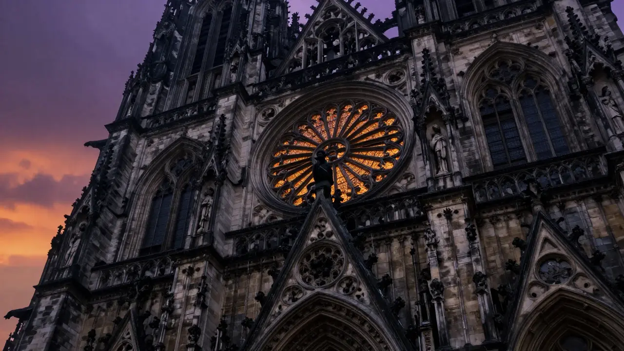 Gargoyle silhouette on a Gothic cathedral facade at dusk