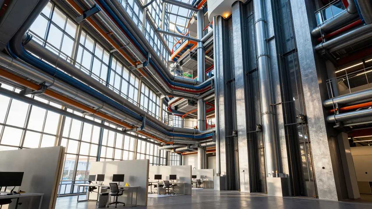 High-tech atrium with exposed structural pipes and flexible workspace