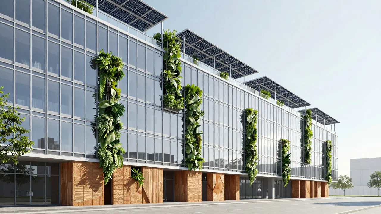 Modern building blending classic glass facades with green roofs and sustainable design features.