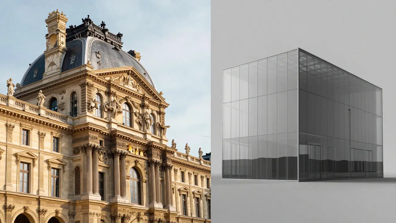 Split image contrasting ornate Beaux-Arts architecture with modern minimalism