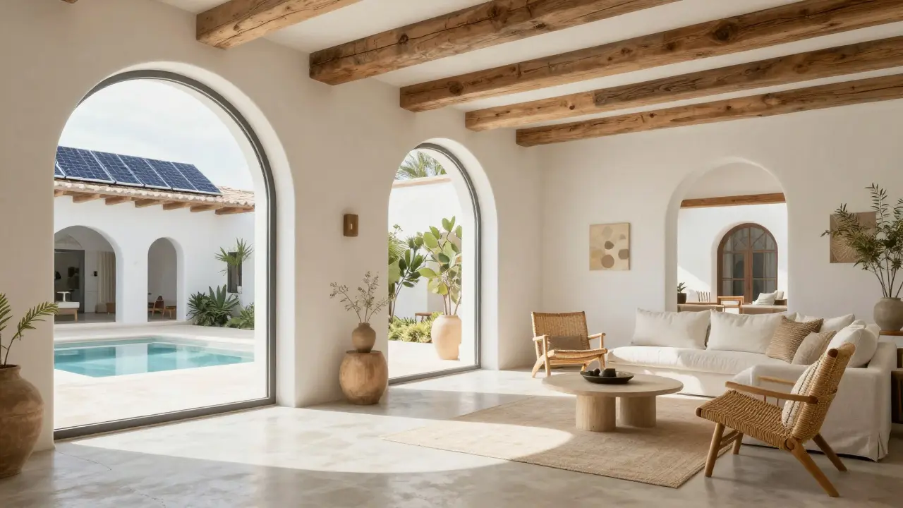 Sunlit interior with arched windows and courtyard view