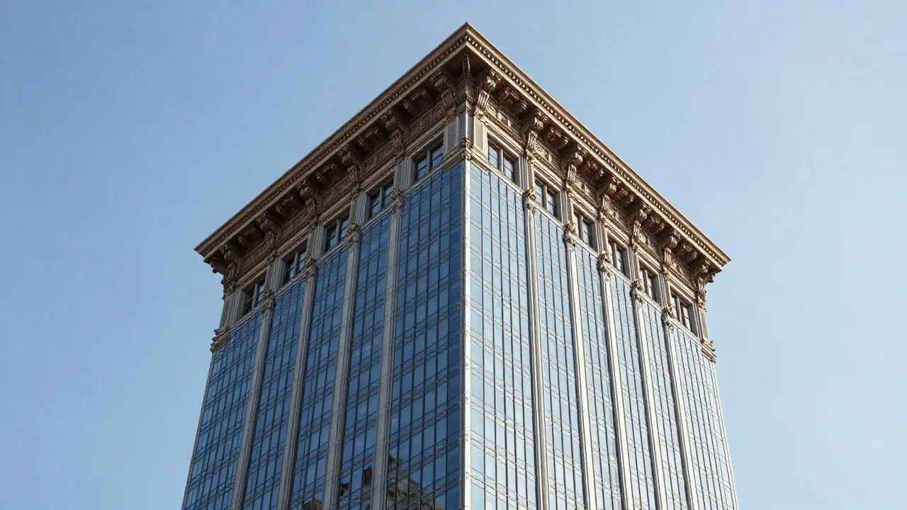 The AT&amp;T Building showing its famous Chippendale-style top on a glass tower