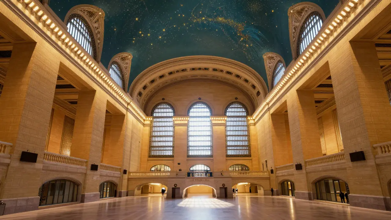 Vaulted ceiling with stars inside a majestic Beaux-Arts train terminal