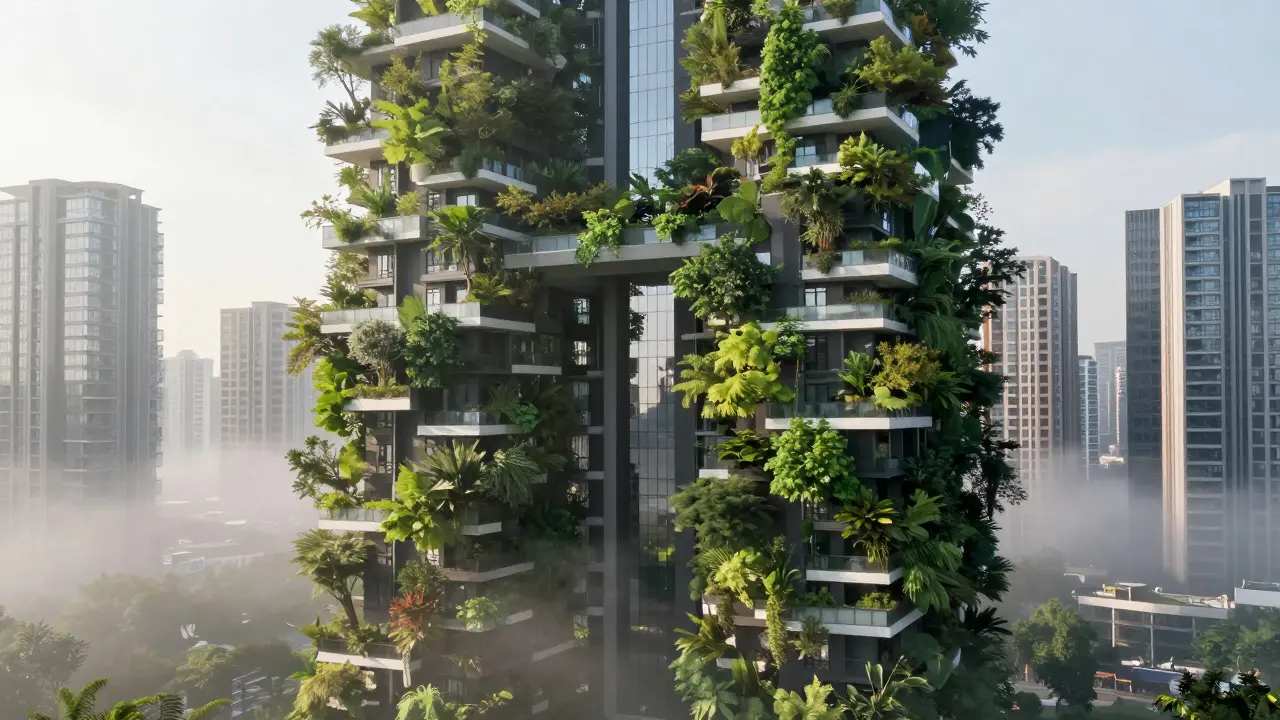 Vertical forest tower covered in lush vegetation amidst a modern city skyline