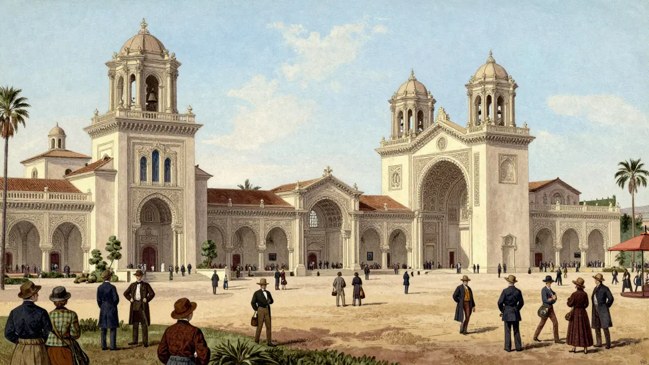 Vintage illustration of 1915 San Diego exposition halls
