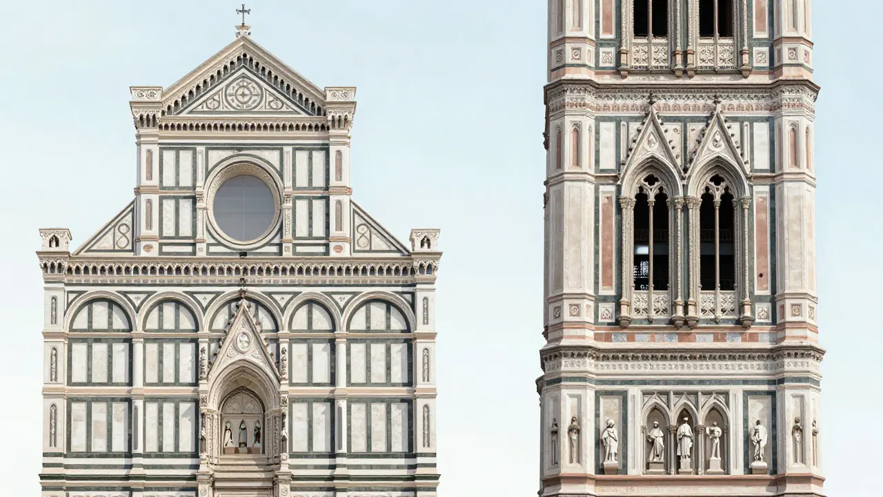 Architectural comparison showing grounded Renaissance Revival facade versus vertical Gothic style.