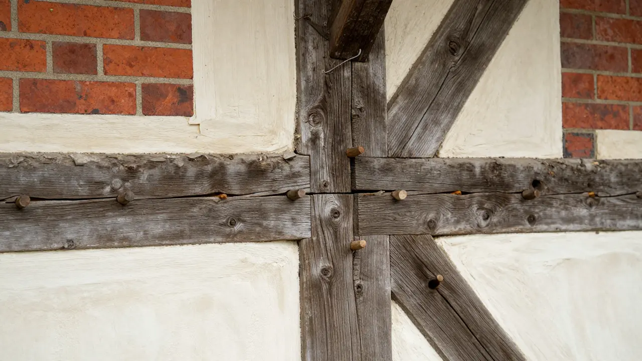 Close-up of Tudor oak timber frame, wattle and daub, and red brick details