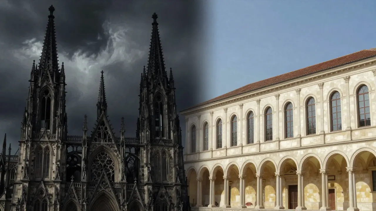 Contrast between Gothic spires and Renaissance arches