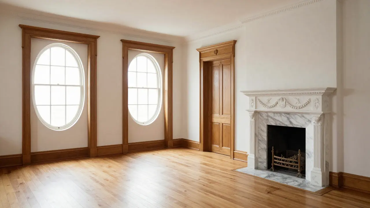 Elegant Federal-style parlor with marble fireplace, hardwood floors, and carved woodwork