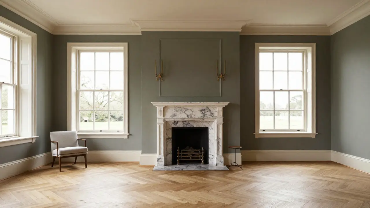 Elegant Georgian drawing room with fireplace, sash windows, and oak floors
