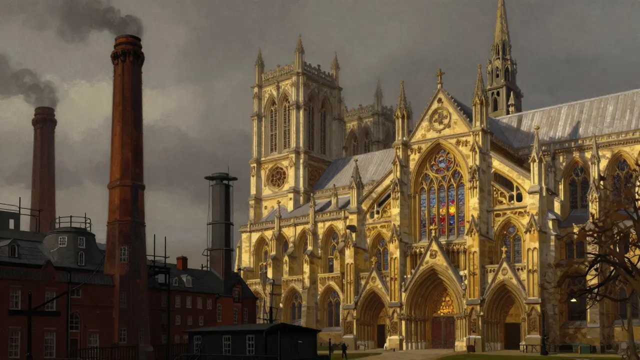 Gothic cathedral contrasting with industrial smokestacks in 19th century art