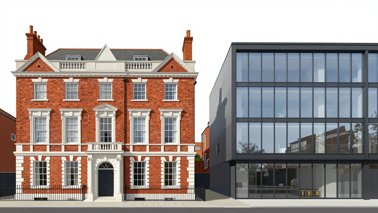 Illustration comparing classic Georgian facade with modern architectural influences