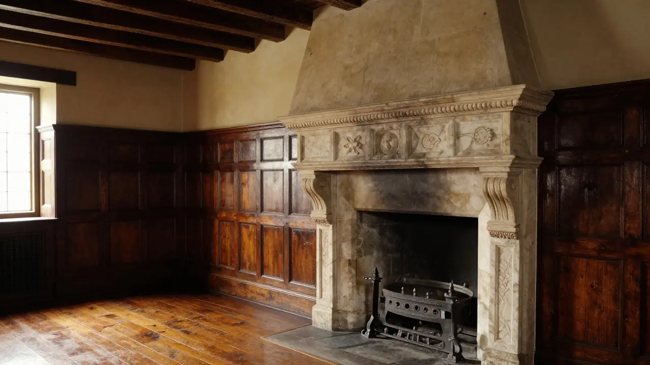 Interior with oak paneling and a large stone fireplace