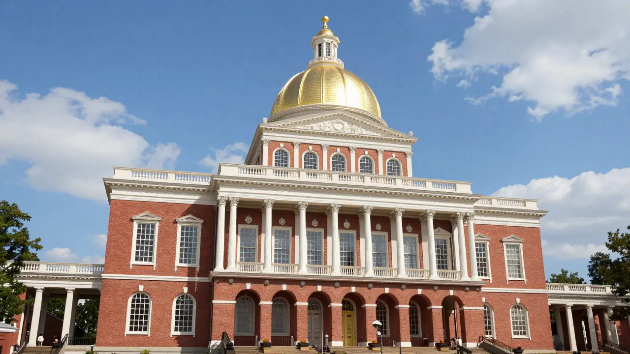 Massachusetts State House with golden dome and red brick facade under blue sky