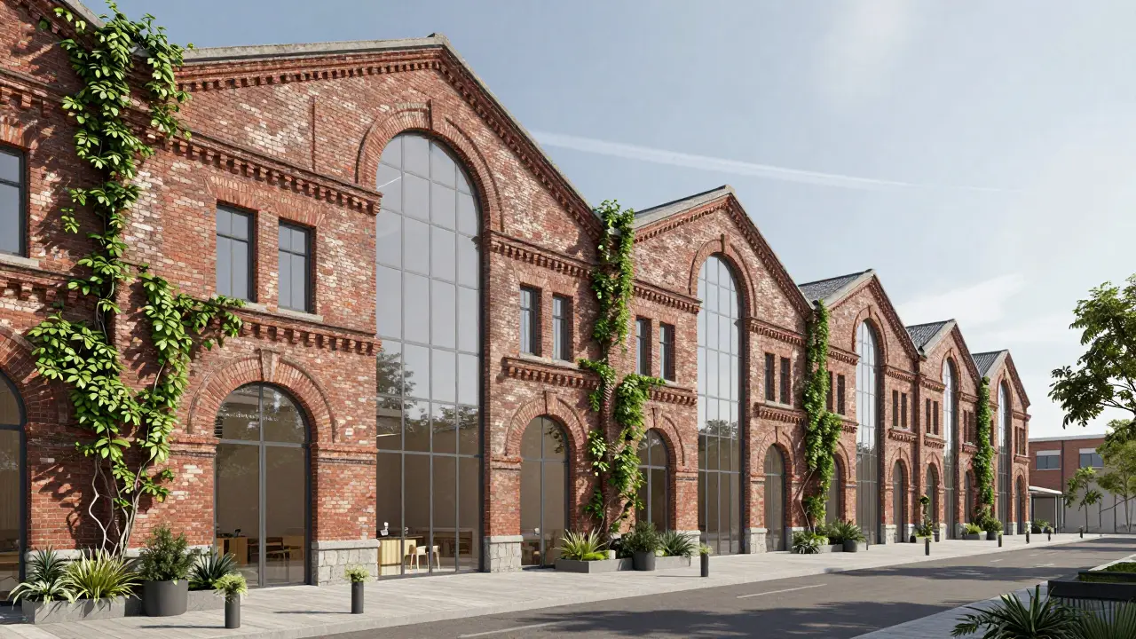 Old brick warehouse adapted with modern glass for sustainable reuse