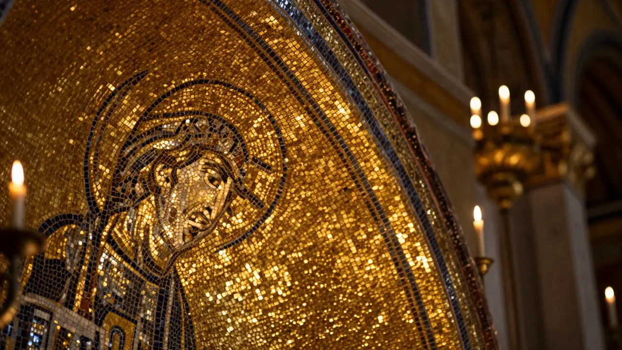 Shimmering gold mosaic tiles reflecting candlelight on a church wall
