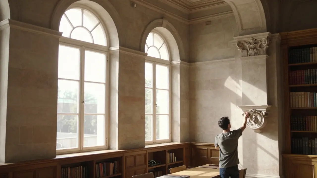 Sunlit interior of a restored Renaissance Revival hall with stone walls and classical details.