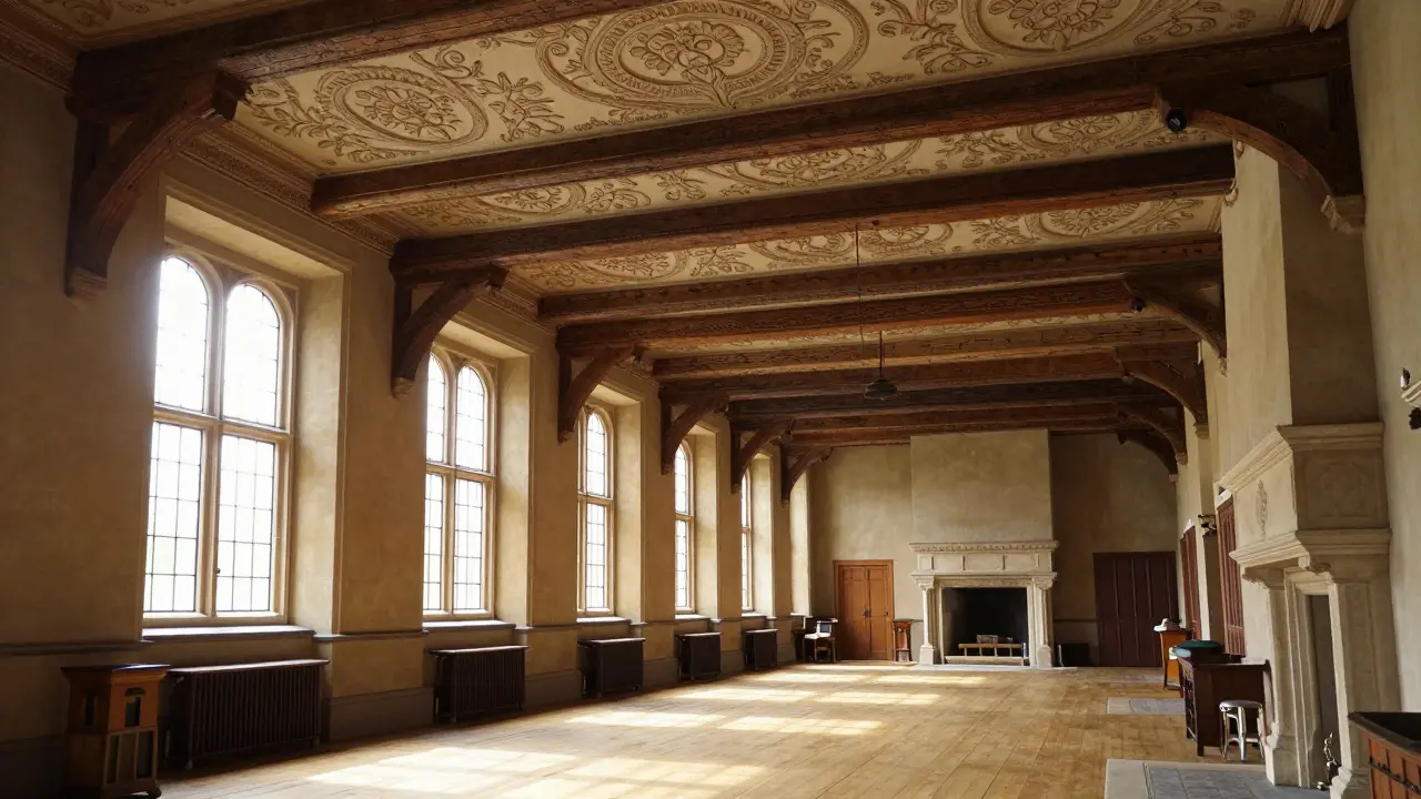 Sunlit interior of a Tudor long gallery with ornate plasterwork and beams