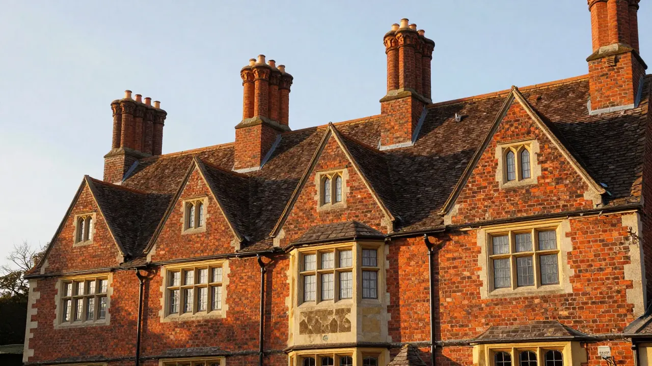Tudor manor with steep roof, ornate chimneys, and mullioned windows