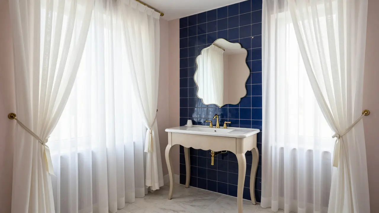 Bathroom with curved vanity, navy tiles, and sheer curtains