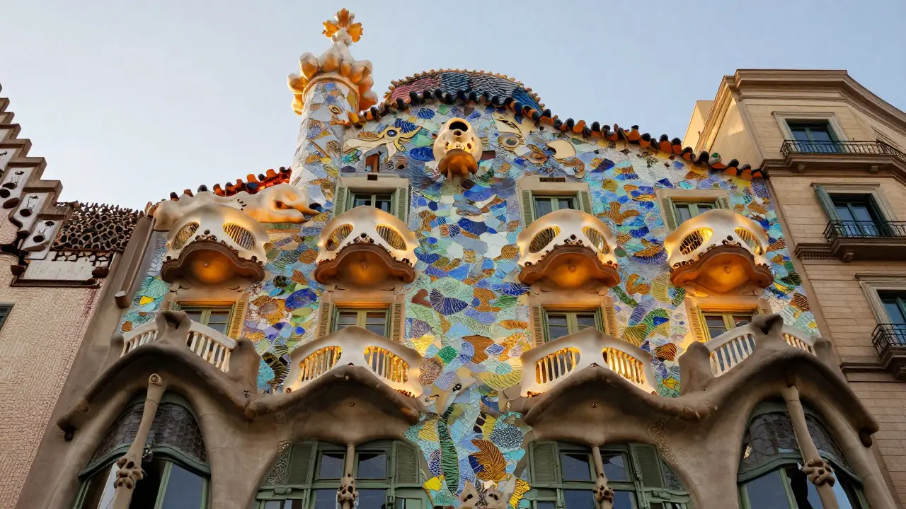 Casa Batlló facade with organic shapes, mosaic tiles, and dragon-like roof details
