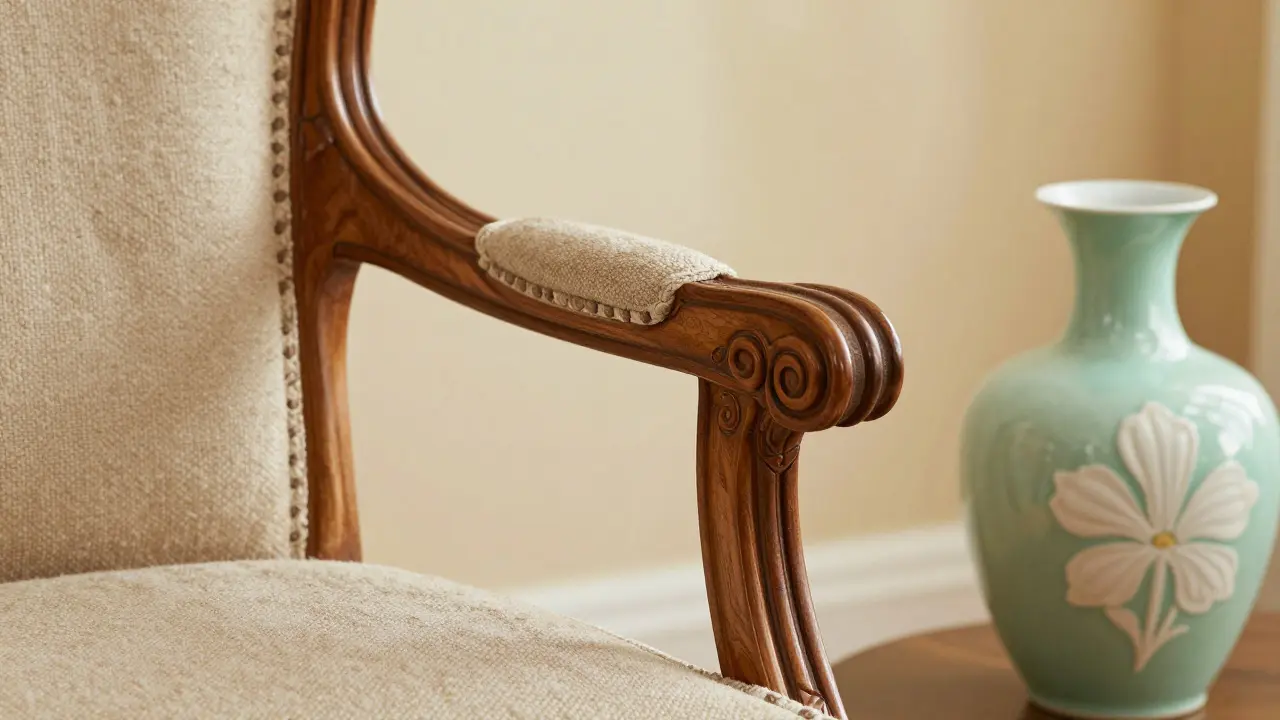 Close-up of boucle fabric and carved wood in pastel tones