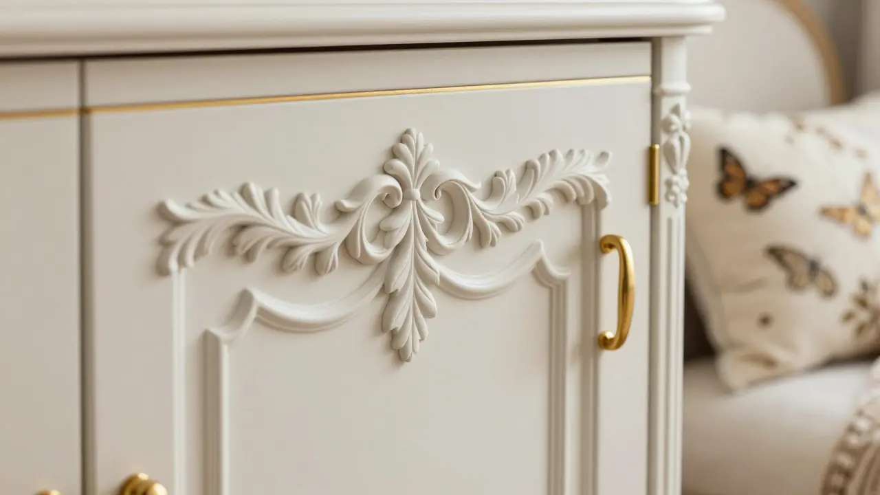 Close-up of carved cabinet details with gold accents and embroidery