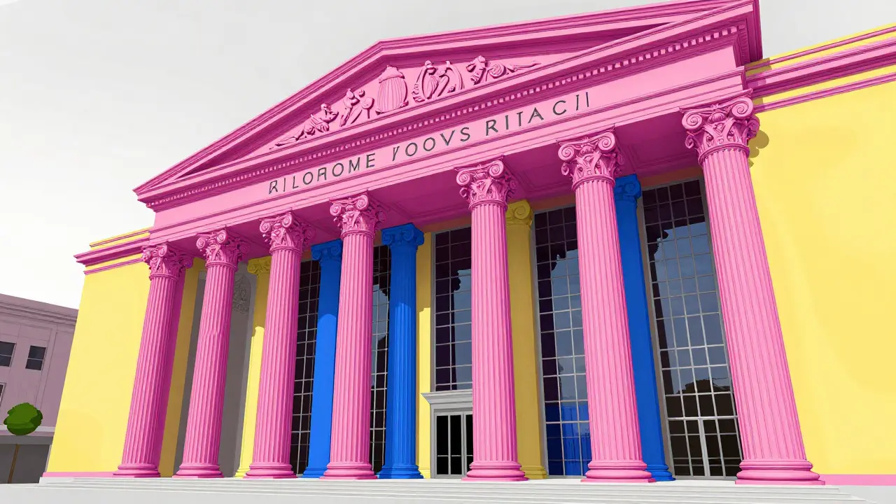 Colorful Portland Building with exaggerated classical columns and bold geometric patterns