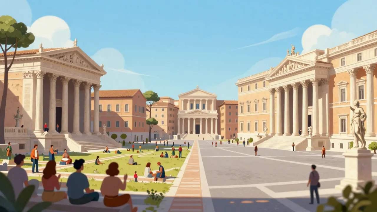 Comparison of an ancient Roman forum and a modern neoclassical government square.