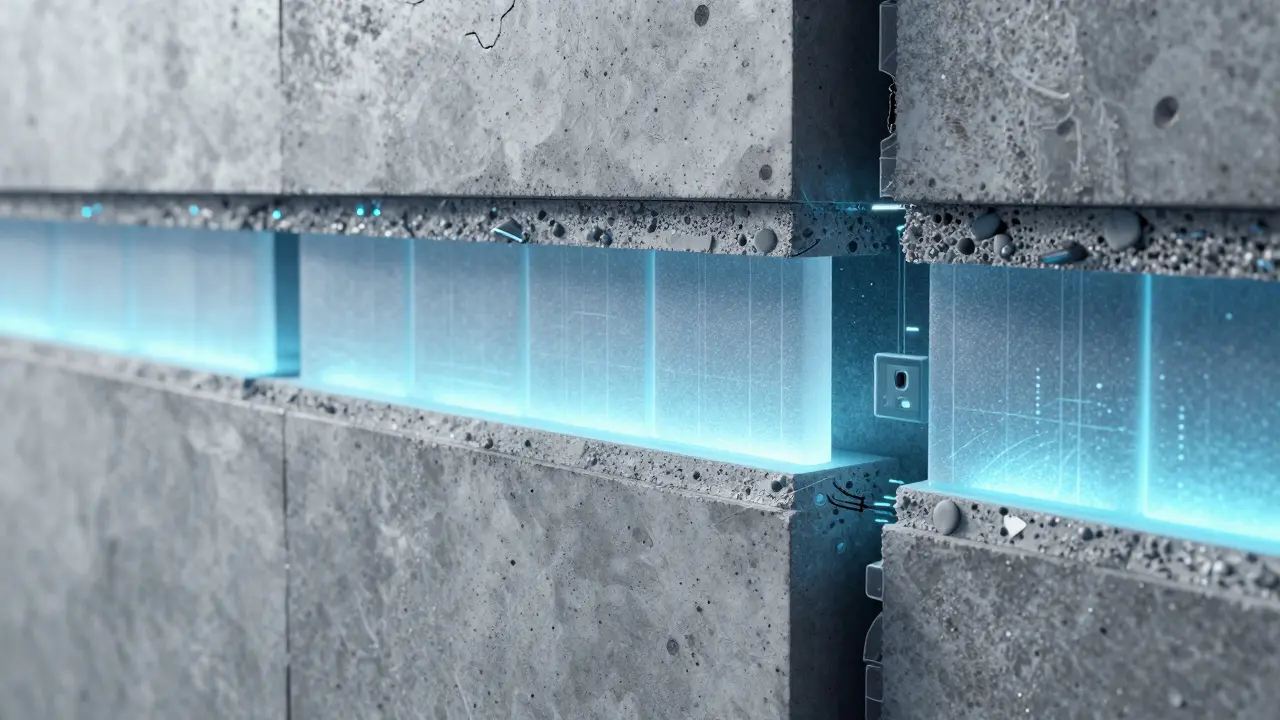 Cross-section of smart wall showing thermal materials and IoT sensors