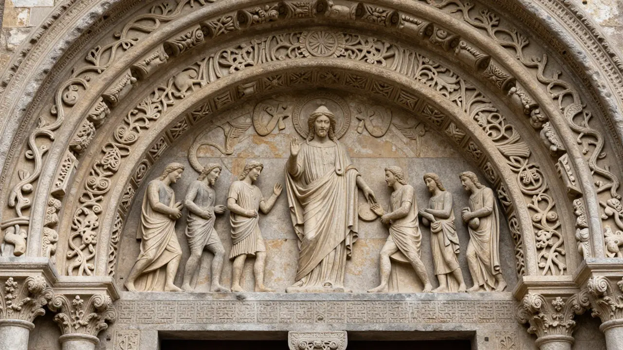 Detailed stone carving of a biblical scene on a Romanesque church tympanum.
