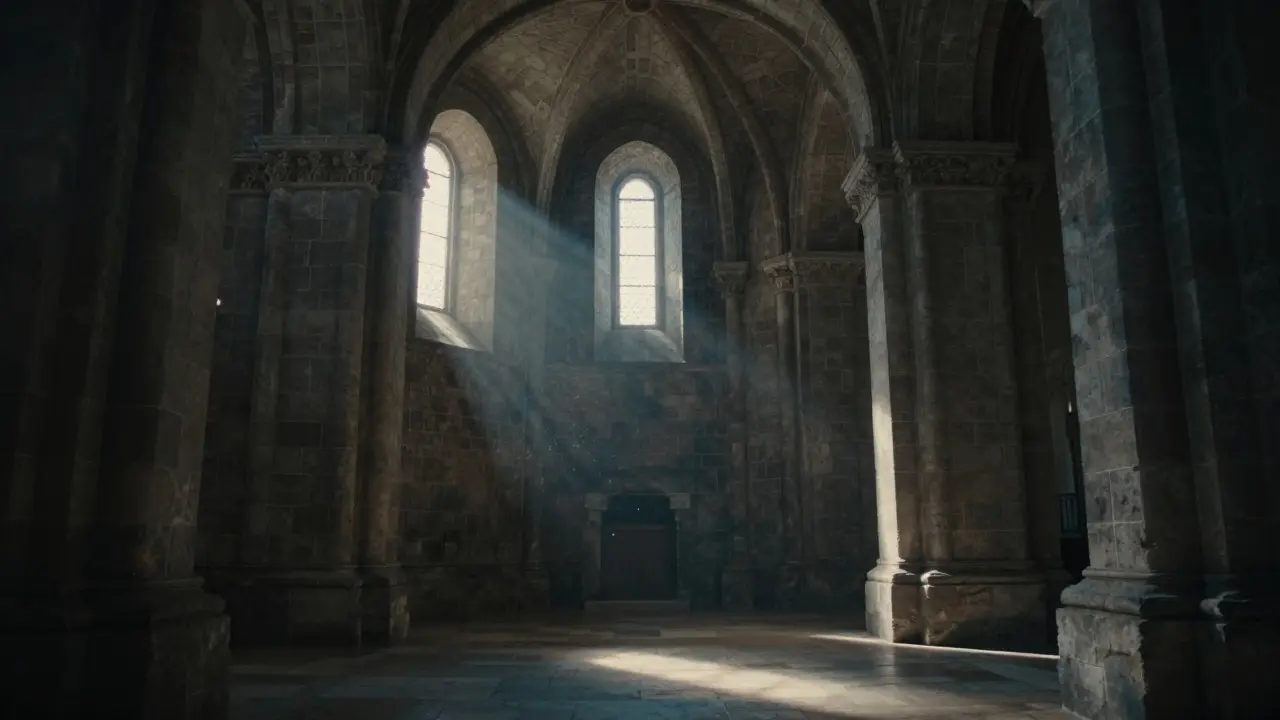 Dim interior of a Romanesque church with light streaming through small windows.