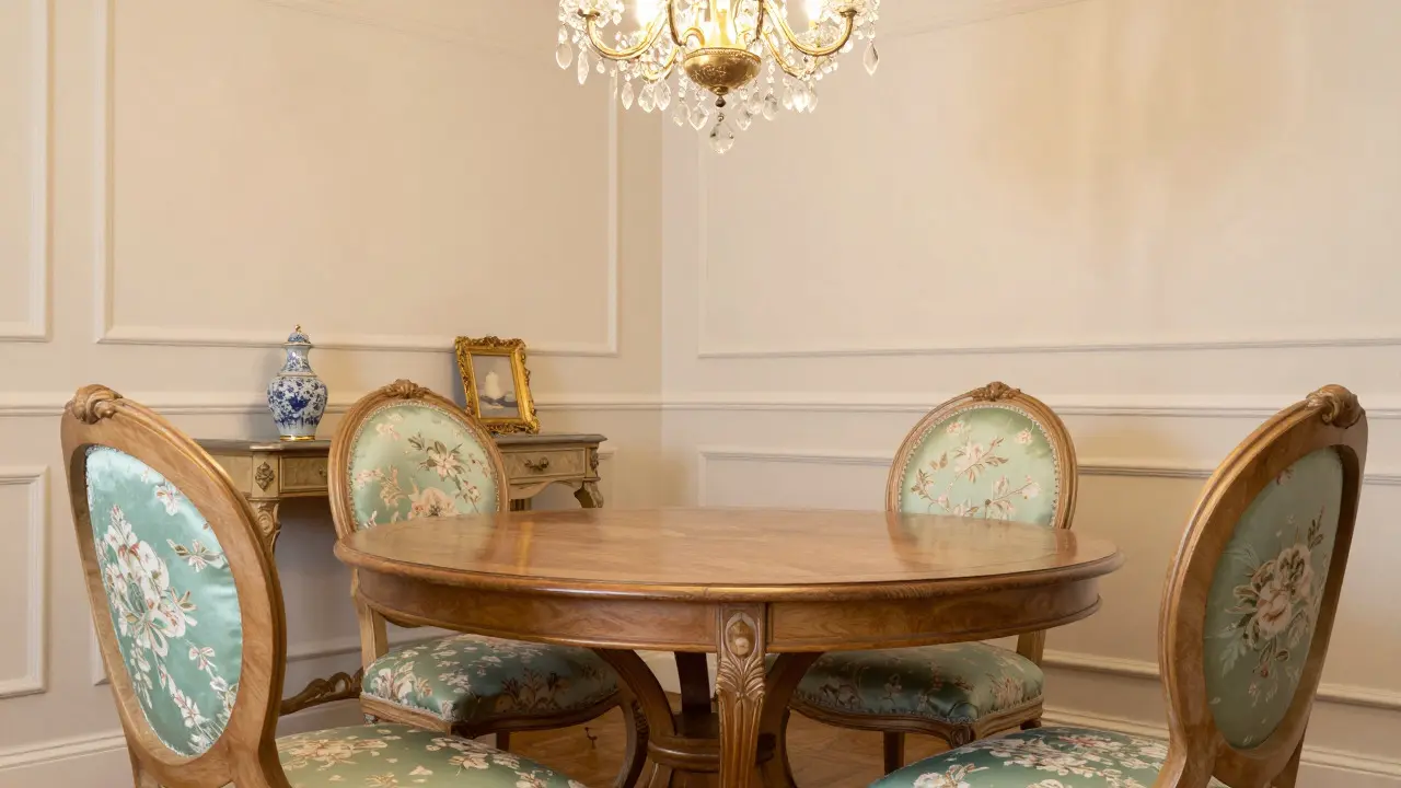 Dining area with mint green chairs and oval table under crystal light
