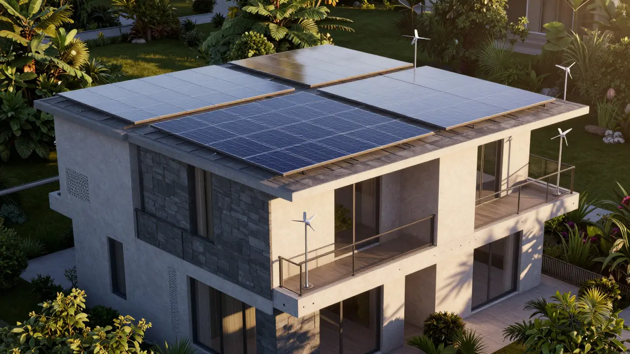 Futuristic home with solar roof tiles and vertical wind turbines