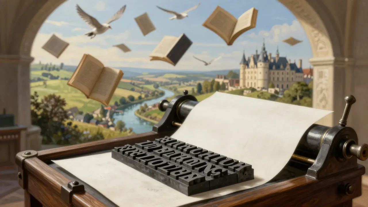 Gutenberg printing press spreading books across Europe