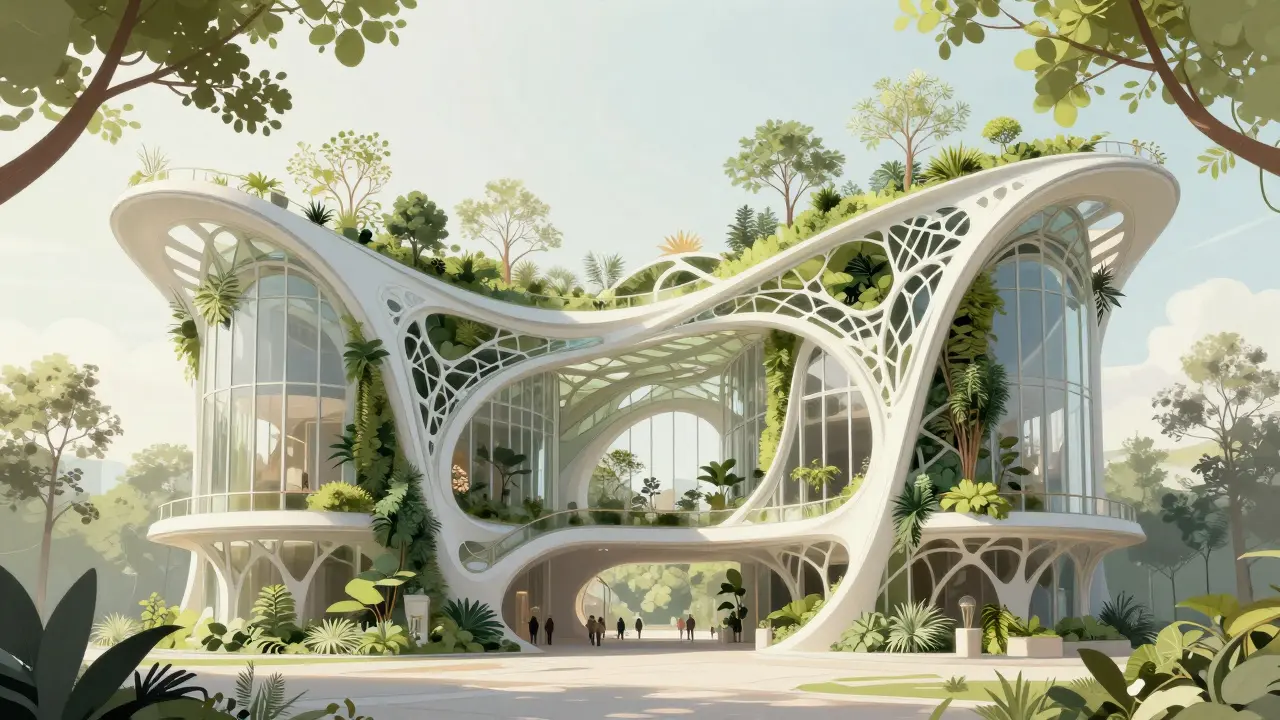 Modern building blending Art Nouveau curves with lush indoor plants and natural light