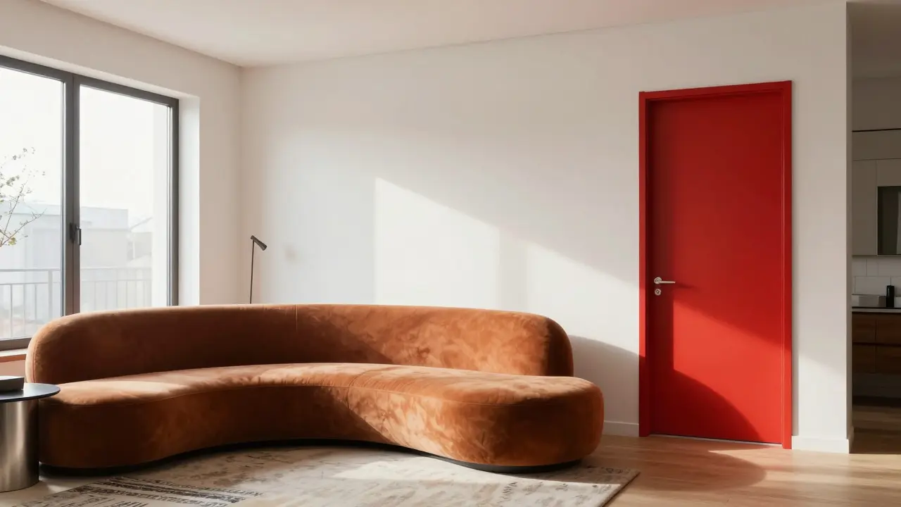 Modern living room with bold accent furniture and mixed textures reflecting postmodern style