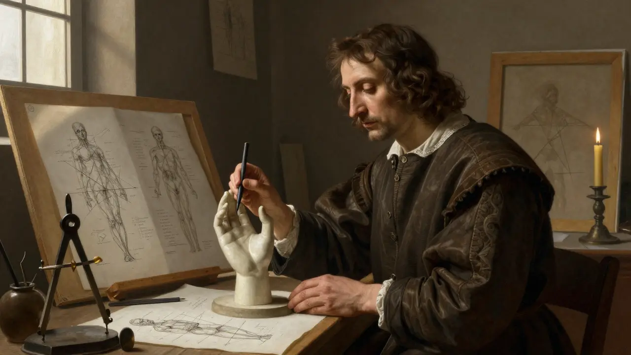 Scholar studying anatomy and geometry in a candlelit studio