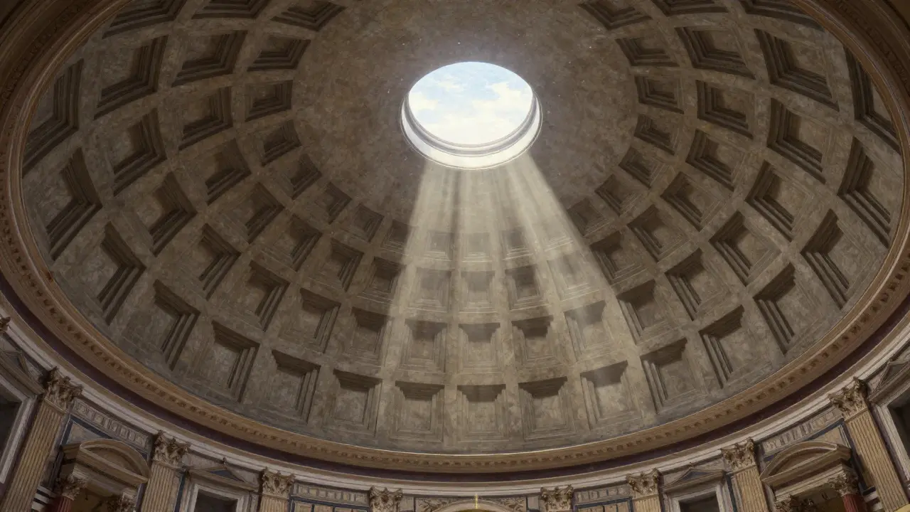 Sunlight streaming through the oculus of the Pantheon's concrete dome interior.