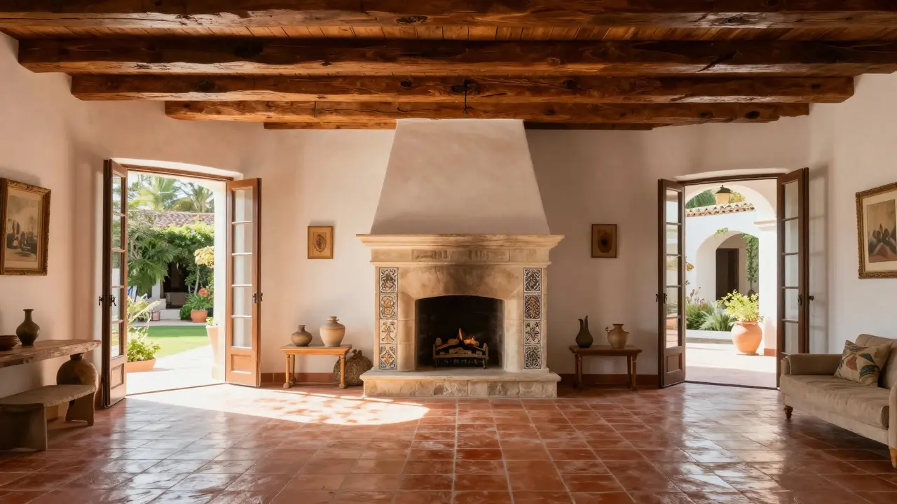Warm interior with exposed wood beams, terracotta floors, and open French doors