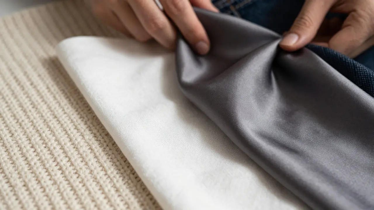 Close-up of high-quality wool, linen, and silk fabrics highlighting texture and drape