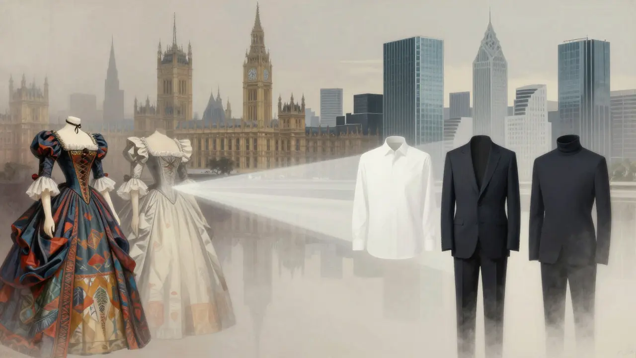 Conceptual art showing the evolution from ornate historical fashion to clean modern minimalism
